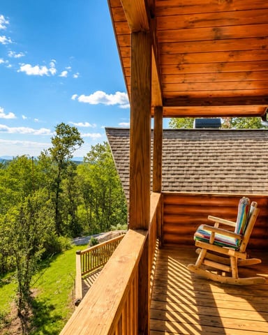 Log cabin deck with rocking chair overlooking forested valley and distant mountains under blue sky