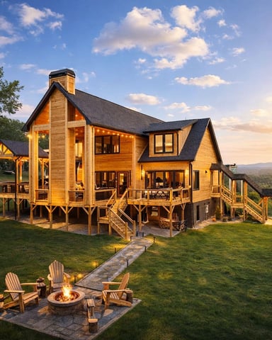 Modern wooden house on stilts with lit windows, wraparound decks, and fire pit with Adirondack chairs on lawn at dusk.
